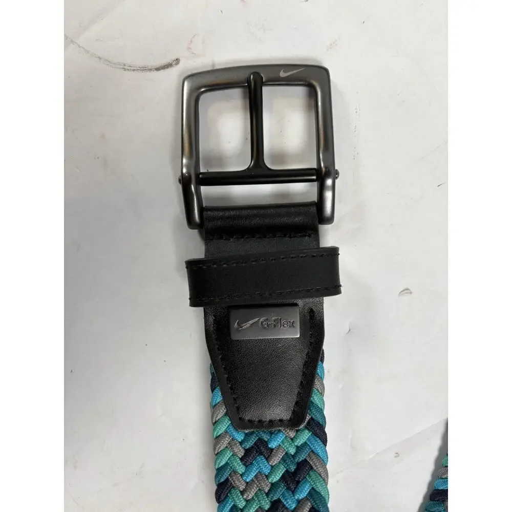 Nike G-Flex Braided Stretch Belt Teal Gray Navy Woven Leather Trim 46 Inch